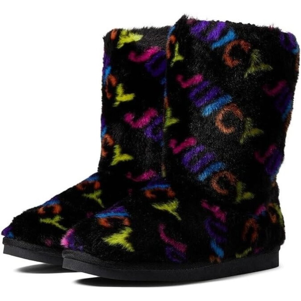 Juicy Couture Kam Faux Fur Slipper Boot Black Rainbow ( 6 )